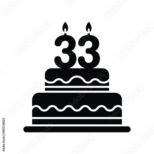 A black silhouette of a layered birthday cake with lit candles