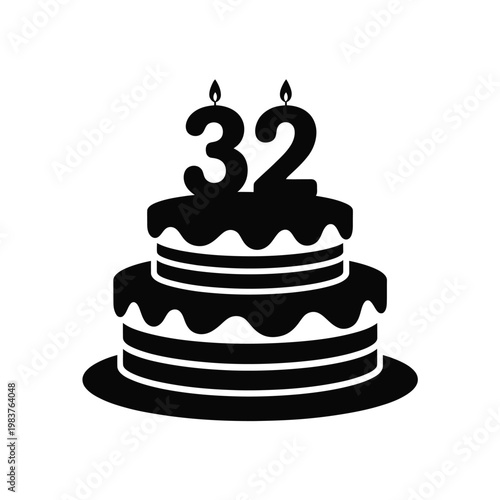 A black silhouette of a two tiered birthday cake with candles displaying 32