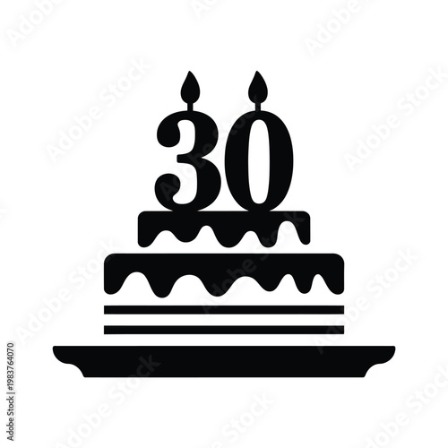 Black and white illustration of a birthday cake with number thirty candles