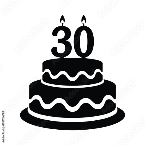 A black and white illustration of a tiered birthday cake with candles