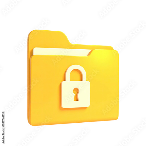 Yellow 3D folder icon with padlock for secure data management and file protection in a clean and minimalist design