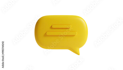 Yellow 3D speech bubble icon render with message symbol against black backdrop for social media communication and digital messaging