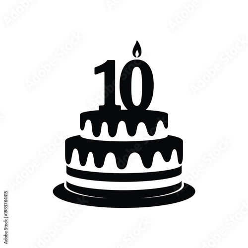 Картината върху платно A black and white illustration of a two tiered birthday cake with 10