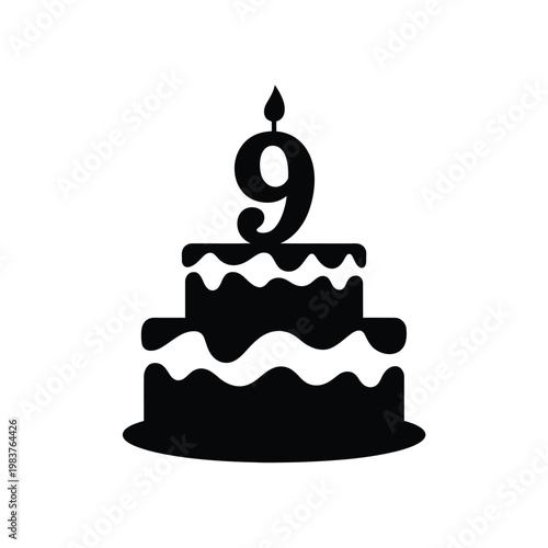 A simple black silhouette of a two tiered birthday cake with a candle