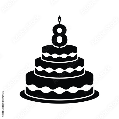 A simple black silhouette of a tiered birthday cake with a single candle