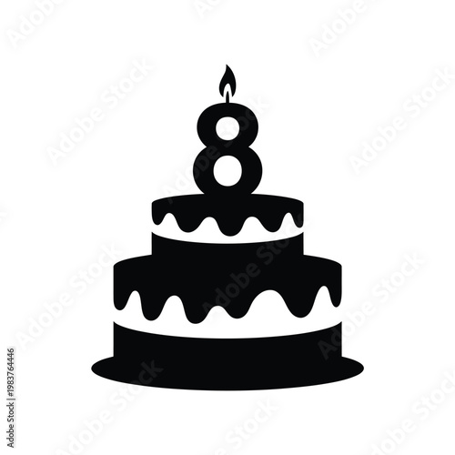 A black silhouette of a two tiered birthday cake with a lit candle