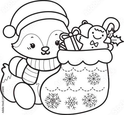 Coloring pages of Cute set of Fox sticker with activity. Outline of Fox with christmas theme