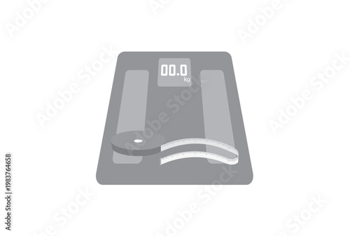 シンプルなグレーのヘルスメーター（体重計）とメジャーのセット