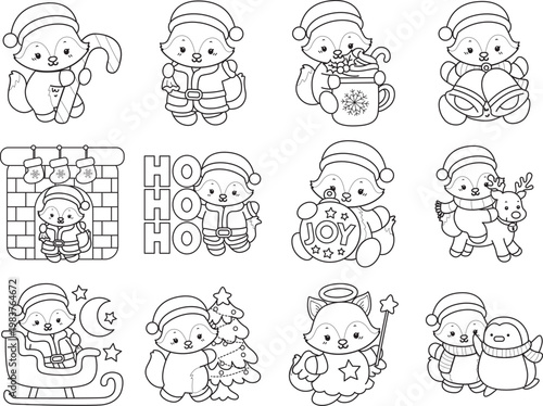 Coloring pages of Cute set of Fox sticker with activity. Outline of Fox with christmas theme