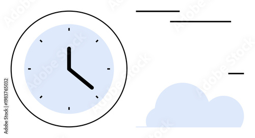 Time management, punctuality, scheduling, productivity, minimalism, efficiency. Circular clock graphic with black hands and a cloud shape with horizontal motion lines. Time management and punctuality