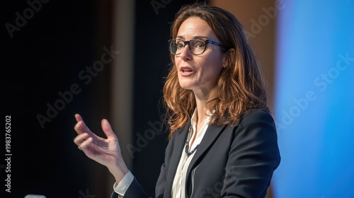 A confident businesswoman in a black blazer and glasses giving a presentation on stage with a blue background