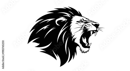 Roaring Black and White Lion Head Graphic Illustration Fierce Animal Power
