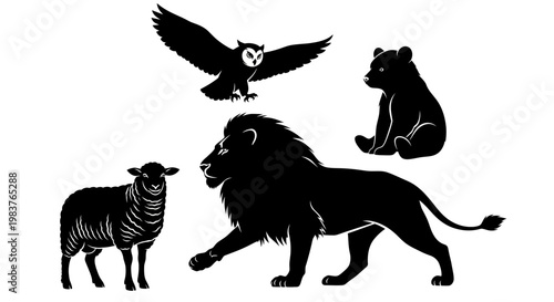 Silhouette Collection of Lion, Sheep, Bear Cub, and Owl in Flight