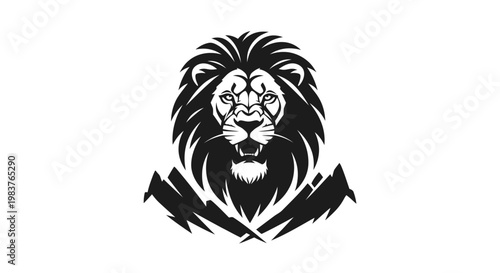 Roaring Black Lion Head with Jagged Mane and Fierce Expression