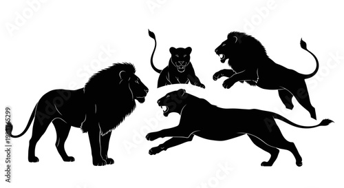 Silhouette Collection of Majestic Lions and Lionesses in Dynamic Poses