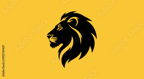 Stylized Black Lion Head Silhouette with Yellow Background, Symbolizing Power