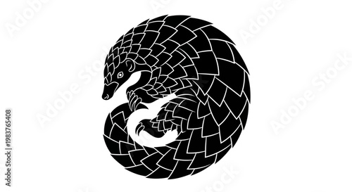Stylized Black Pangolin Illustration Curled Up Protecting Itself