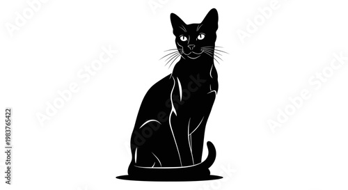 Silhouette of a sleek black cat sitting elegantly with bright eyes and whiskers