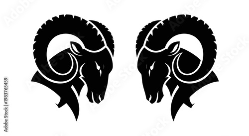 Stylized Black Ram Heads Silhouette Facing Each Other Symbolizing Strength