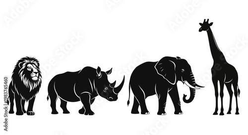 Silhouette Animals Lion Rhinoceros Elephant Giraffe Majestic Wildlife Collection