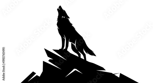 Silhouette of a wolf howling on a sharp mountain peak, evoking wilderness and nature