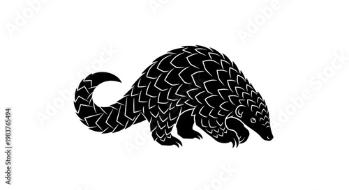 Stylized Black Pangolin Icon Illustration On White Background With Scales And Tail