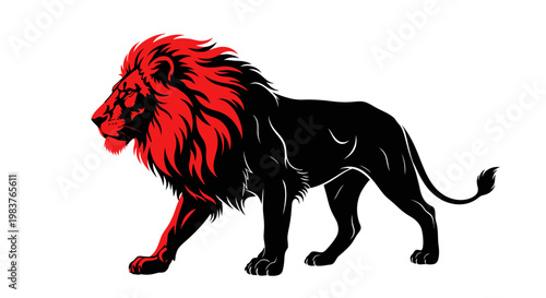 Striking Red and Black Lion Illustration with Powerful Mane and Determined Stride