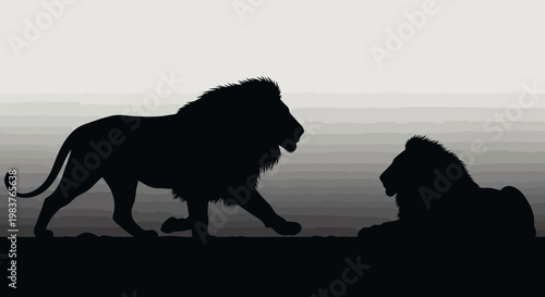 Two Black Lion Silhouettes in a Stylized Grayscale Landscape