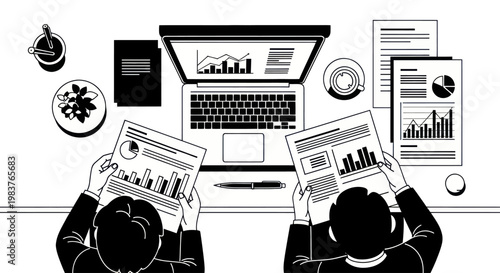 Two people analyzing business data and financial reports on a desk with a laptop.
