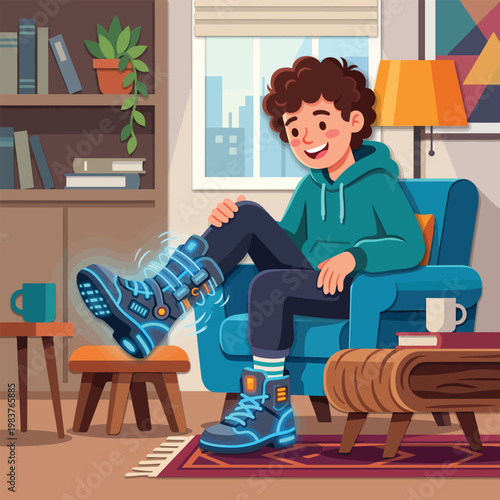Young boy testing futuristic smart shoes, sitting in a cozy living room, colorful vector illustration.
