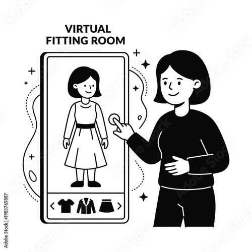 Woman using a virtual fitting room on a giant smartphone, trying a dress, outline vector illustration.