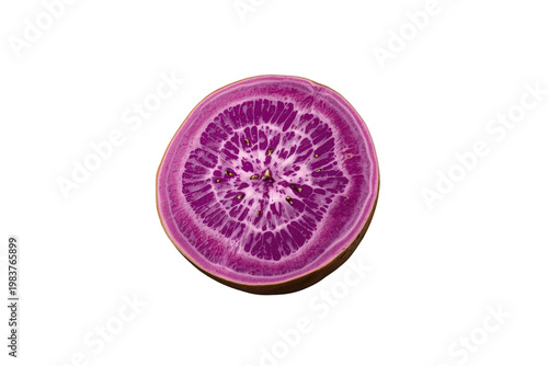 Purple sweet potato cross-section showing vibrant ube flesh texture, a raw healthy root vegetable slice on transparent background