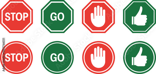 Eight circular and octagonal traffic signs featuring red stop and green go text along with white hand and thumbs up symbols on a plain white background for navigation and safety guidance