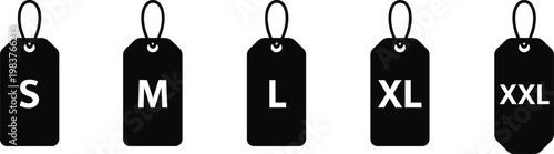 Five black rectangular clothing price tags with white text labels showing size s m l x l and x l hanging from strings arranged in a horizontal row against a plain white background