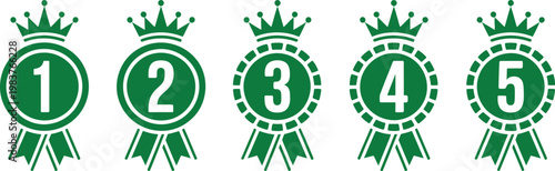 Five green circular badges with numbers one through five and crowns on featuring ribbon tails and segmented borders arranged in a horizontal row on a white background