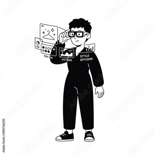 Man wearing smart glasses interacting with virtual fitting room screens, outline vector illustration.