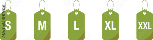 Five olive green clothing size tags with white letters s m l x l and x l hanging on strings arranged in a horizontal row against a plain white background for retail apparel labeling and inventory