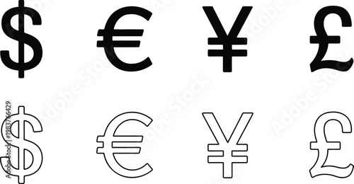 Set of black and white currency symbols including dollar euro yen and pound sterling displayed in solid filled and outlined stroke styles on a plain white background for financial concepts