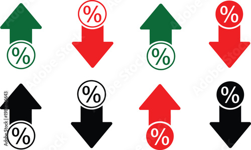 Set of eight flat showing green red and black arrows pointing up and down with circular percentage symbols representing financial growth decline interest rates and market fluctuations