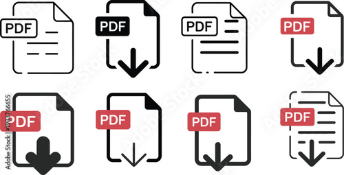 Set of eight linear and solid p d f file featuring document outlines with red labels and downward pointing arrows representing download actions on a plain white background