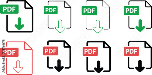 Set of eight p d f file download featuring document outlines with green or red labels and various arrow styles in black green and red colors displayed on a clean white background