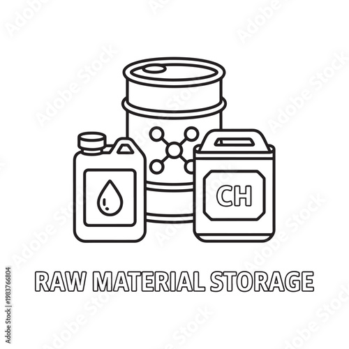 Line art illustration depicting various containers holding chemical substances