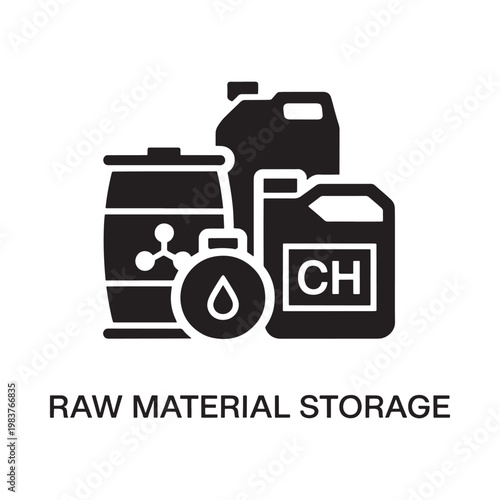 Black silhouette icons representing chemical storage containers and raw materials
