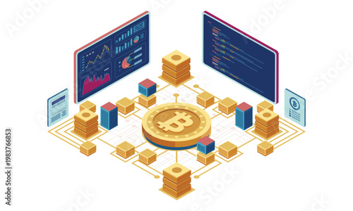 Isometric illustration depicting a complex network of cryptocurrency and blockchain technology showcasing digital finance and future investment opportunities