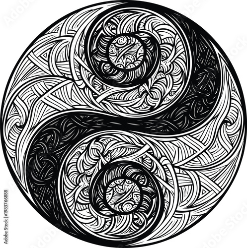 Intricate Black and White Yin Yang Symbol Mandala Illustration.