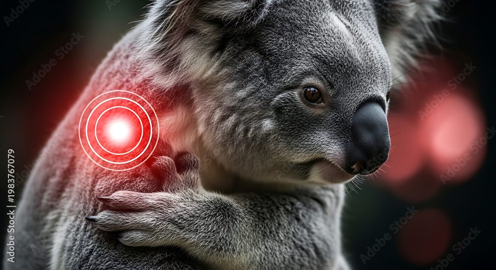 Obraz premium Conceptual image of koala bear with glowing red pain or target symbol on shoulder