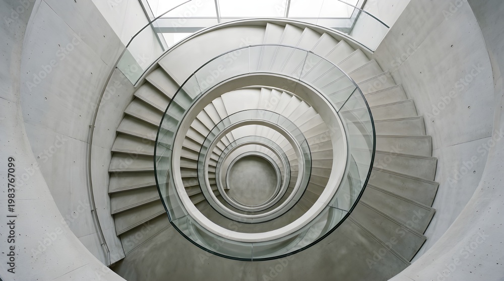 Fototapeta premium Minimalist Spiral Concrete Staircase with Glass Railing