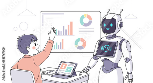 Boy high-fiving robot with analytics on screen, future technology concept