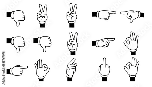 Cartoon Hand Gestures Icons Set: Thumbs Down, Peace Sign, Pointing, Okay, Middle Finger