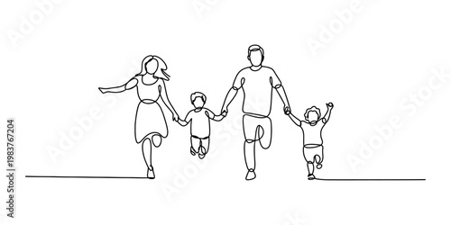 A single continuous line drawing of a happy family consisting of parents and their two children. Vector, illustration
